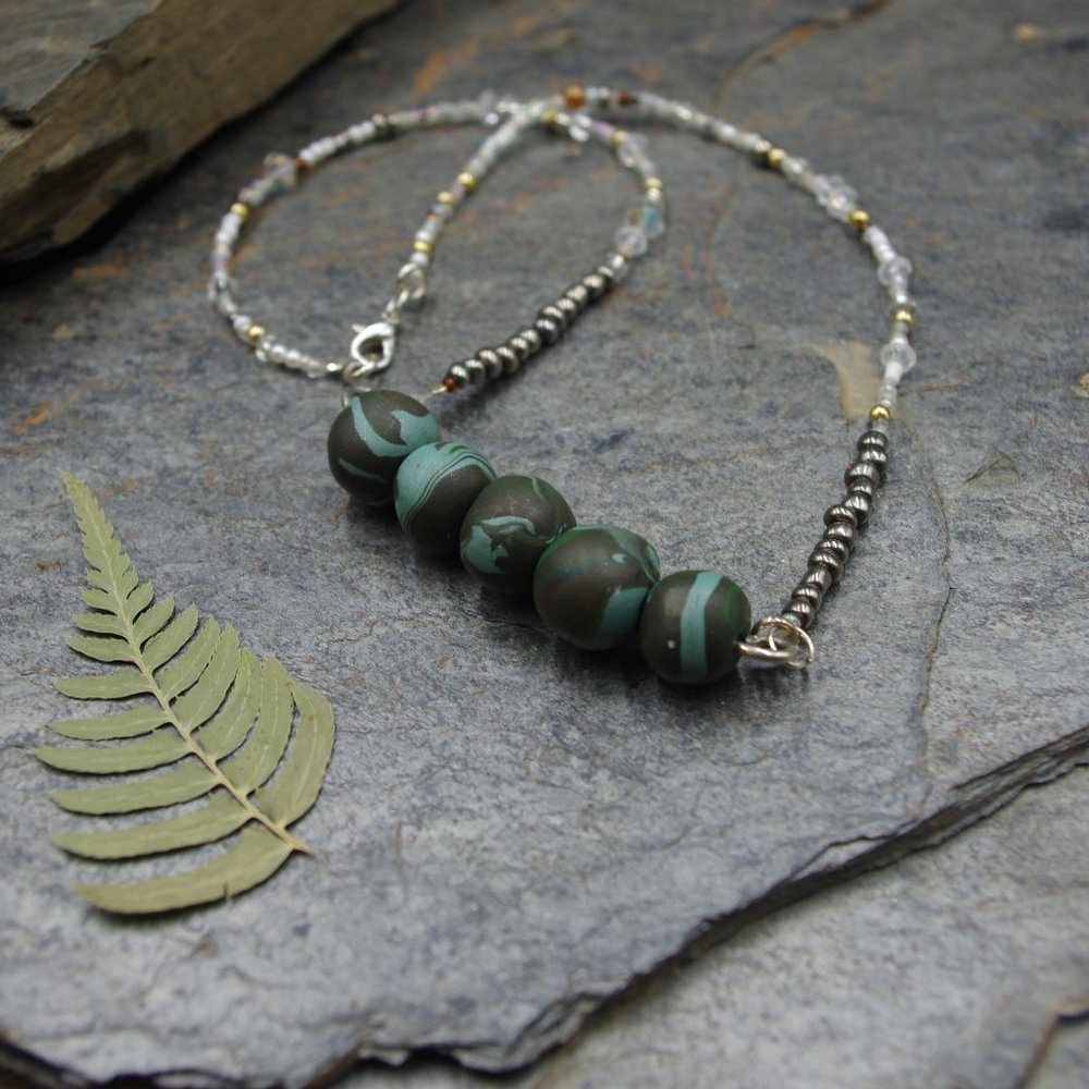 Bead Bar Necklace with Grey and Blue Marbled Handmade Beads - OOAK